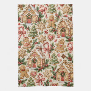 Watercolor Gingerbread Christmas Village Pattern Kitchen Towel