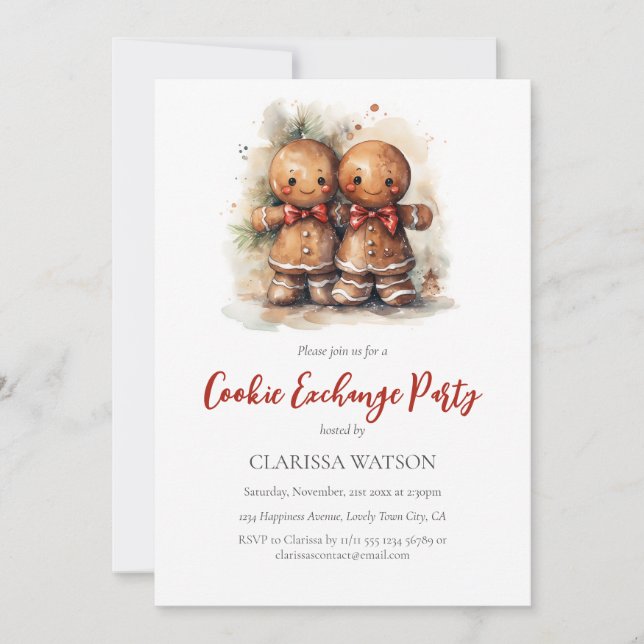 Watercolor Gingerbread Cookie Exchange Party Invitation (Front)