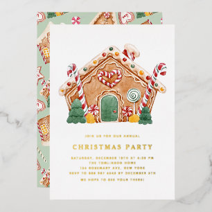 Watercolor Gingerbread House Christmas Party Foil Invitation