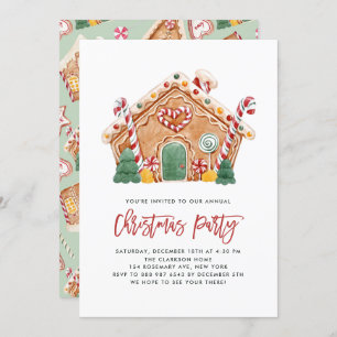 Watercolor Gingerbread House Christmas Party Invitation