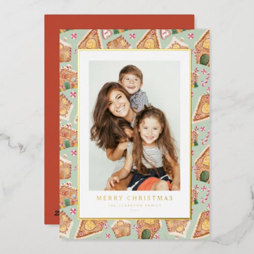 Watercolor Gingerbread House Christmas Photo Foil Holiday Card