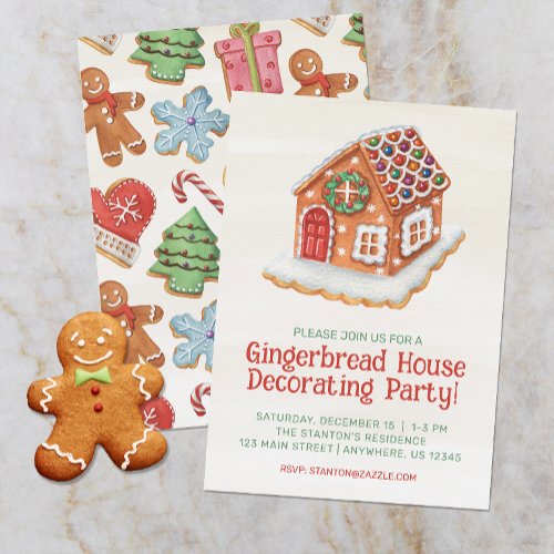 Watercolor Gingerbread House Decorating Christmas Invitation