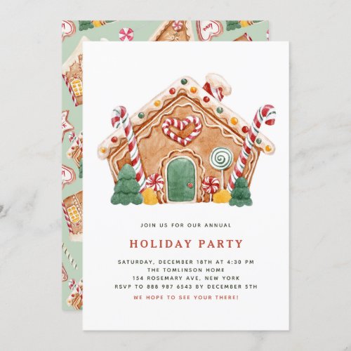 Watercolor Gingerbread House Holiday Party Invitation