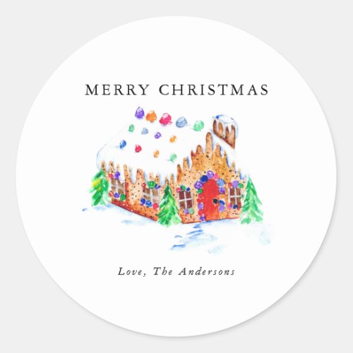 Watercolor Gingerbread House Merry Christmas Cute Classic Round Sticker