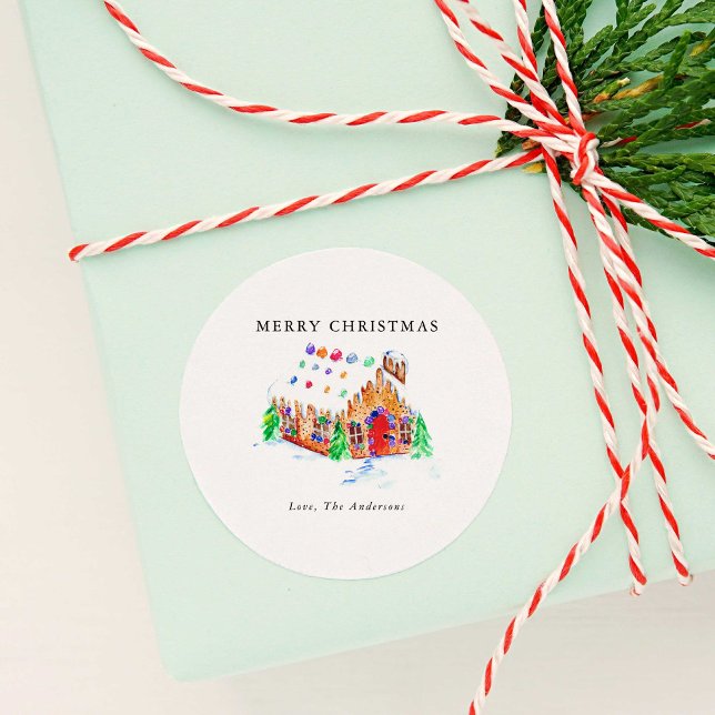 Watercolor Gingerbread House Merry Christmas Cute Classic Round Sticker (Creator Uploaded)