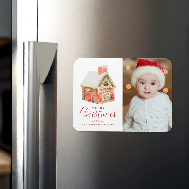 Watercolor Gingerbread House Merry Christmas Photo Magnet (Creator Uploaded)