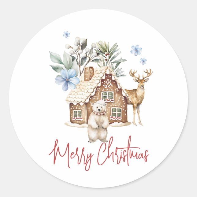 Watercolor Gingerbread House, Polar Bear & Reindee Classic Round Sticker (Front)