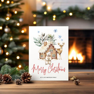 Watercolor Gingerbread House, Polar Bear & Reindee Holiday Card