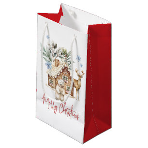 Watercolor Gingerbread House, Polar Bear & Reindee Small Gift Bag