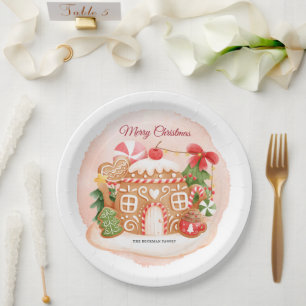 Watercolor Gingerbread House Xmas Holiday Party Paper Plates