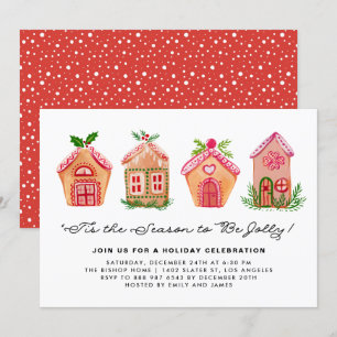 Watercolor Gingerbread Houses Holiday Party Invitation