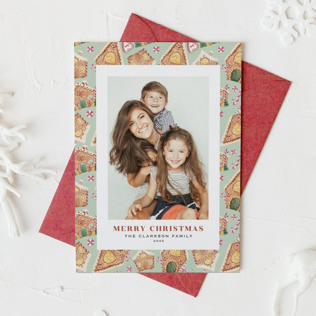 Watercolor Gingerbread Houses Photo Christmas Holiday Card (Festive Gingerbread House Mint Photo Christmas Holiday Card)