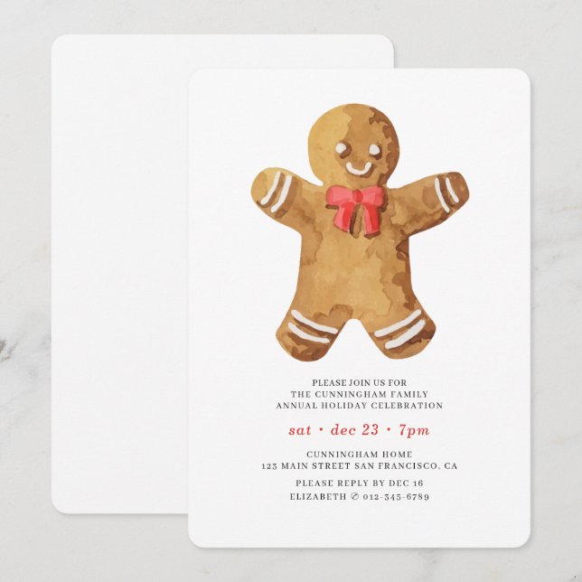 Watercolor Gingerbread Man Holiday Dinner Invitation (Front/Back)