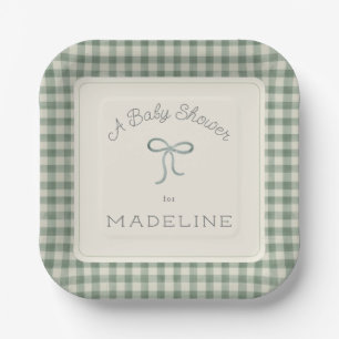 Watercolor Gingham Antique Sage Green Baby Shower Paper Plates