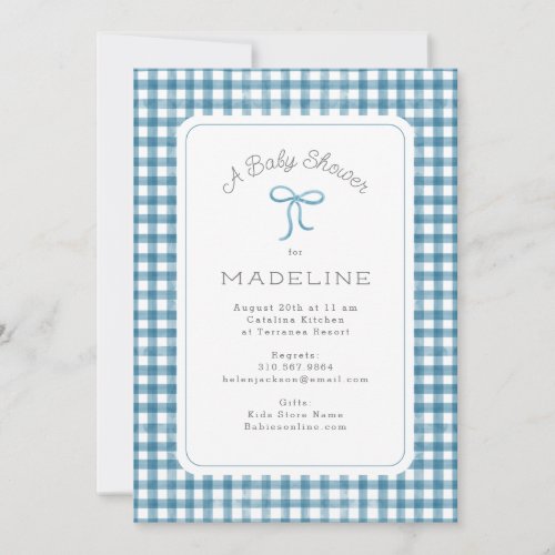 Watercolor Gingham Blue Baby Shower Invitation