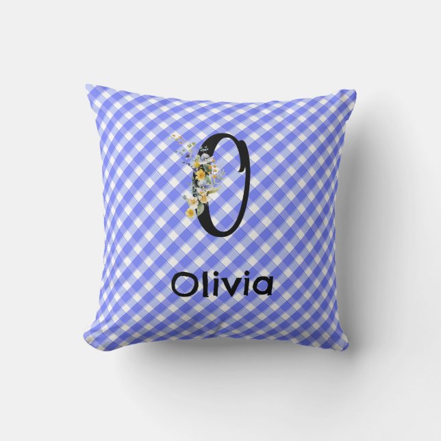 Watercolor gingham blue pattern Flower Monogram Throw Pillow (Front)