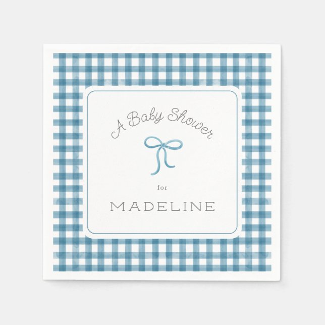 Watercolor Gingham Denim Blue Baby Shower Napkins (Front)