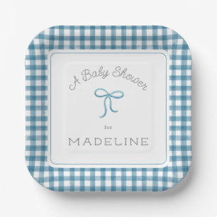 Watercolor Gingham Denim Blue Baby Shower Paper Plates