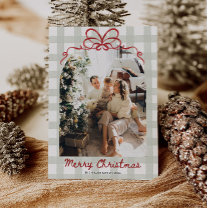 Watercolor Gingham Family Photo Christmas Holiday Card