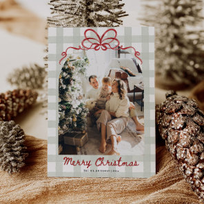 Watercolor Gingham Family Photo Christmas Holiday Card