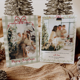 Watercolor Gingham Family Photo Christmas Holiday Card