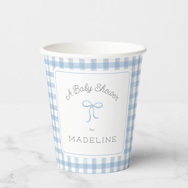 Watercolor Gingham Light Blue Baby Shower Paper Cups (Front)