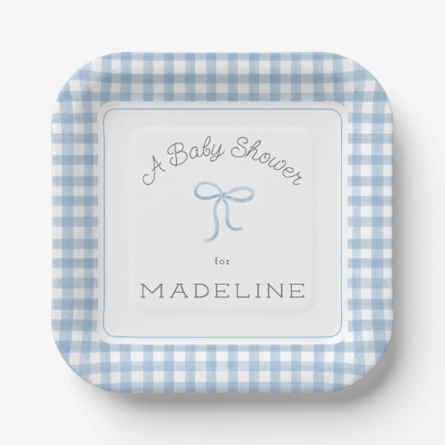 Watercolor Gingham Light Blue Baby Shower Paper Plates