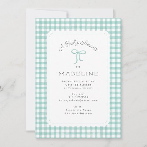 Watercolor Gingham Mint Green Baby Shower Invitation