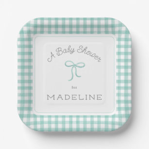 Watercolor Gingham Mint Green Baby Shower Paper Plates