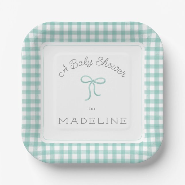 Watercolor Gingham Mint Green Baby Shower Paper Plates (Front)