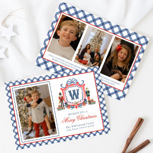 Watercolor Gingham Nutcracker Mouse Monogram Crest Holiday Card