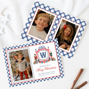 Watercolor Gingham Nutcracker Mouse Monogram Crest Holiday Card