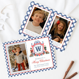 Watercolor Gingham Nutcracker Mouse Monogram Crest Holiday Card