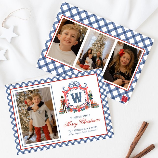 Watercolor Gingham Nutcracker Mouse Monogram Crest Holiday Card (Creator Uploaded)