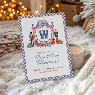 Watercolor Gingham Nutcracker Mouse Monogram Crest Holiday Card