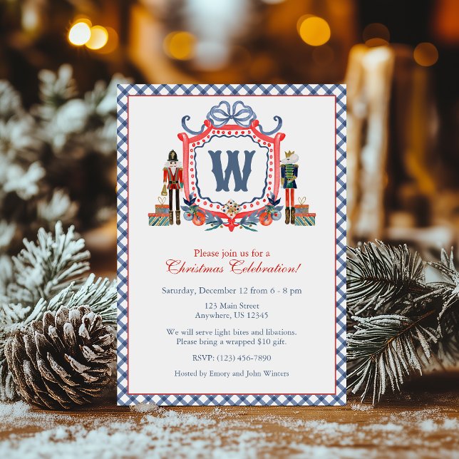 Watercolor Gingham Nutcracker Mouse Monogram Crest Invitation (Creator Uploaded)