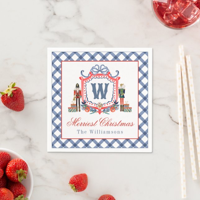Watercolor Gingham Nutcracker Mouse Monogram Crest Napkins (Insitu)