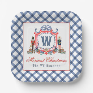 Watercolor Gingham Nutcracker Mouse Monogram Crest Paper Plates