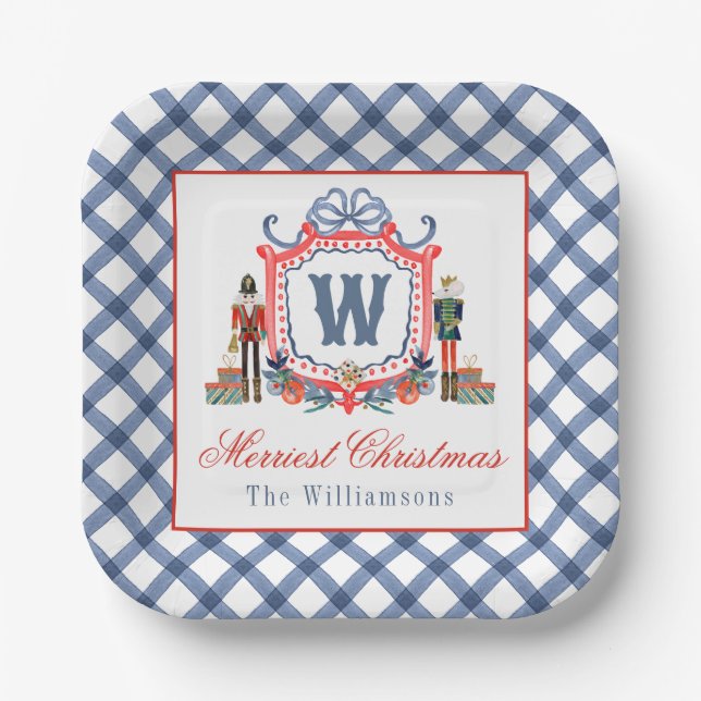 Watercolor Gingham Nutcracker Mouse Monogram Crest Paper Plates (Front)