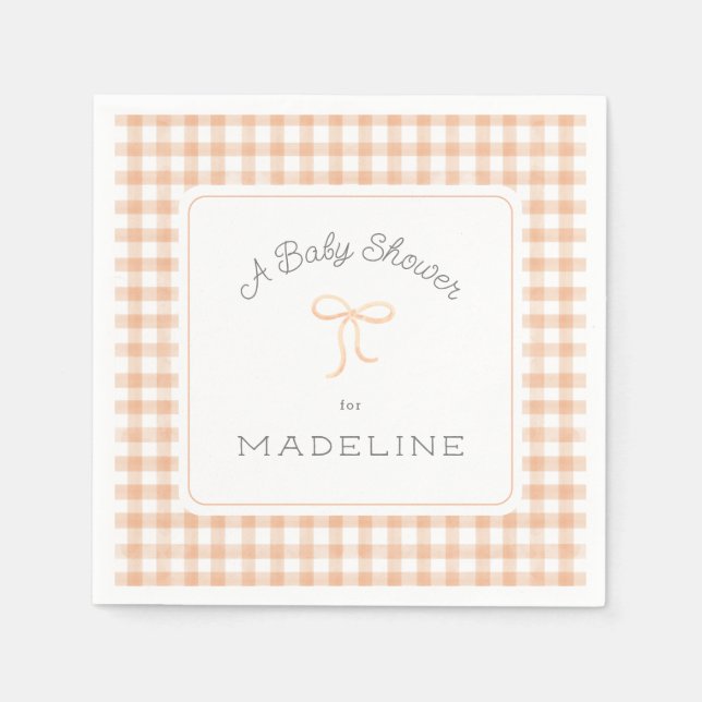 Watercolor Gingham Peach Baby Shower Napkins (Front)