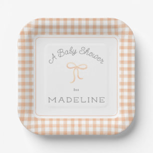 Watercolor Gingham Peach Baby Shower Paper Plates