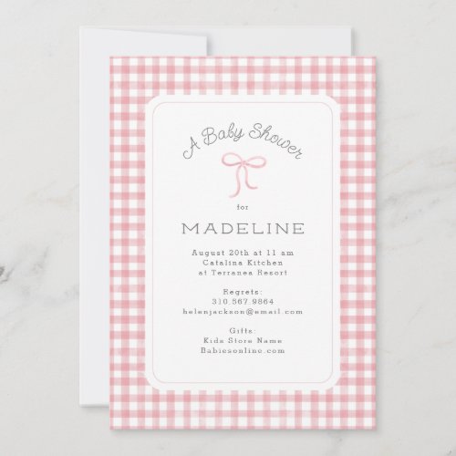 Watercolor Gingham Pink Baby Shower Invitation