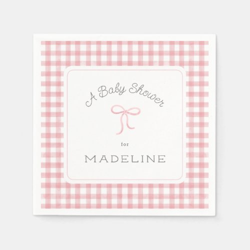 Watercolor Gingham Pink Baby Shower Napkins