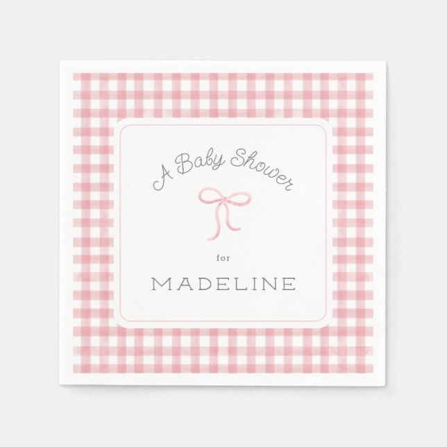 Watercolor Gingham Pink Baby Shower Napkins (Front)