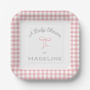 Watercolor Gingham Pink Baby Shower Paper Plates