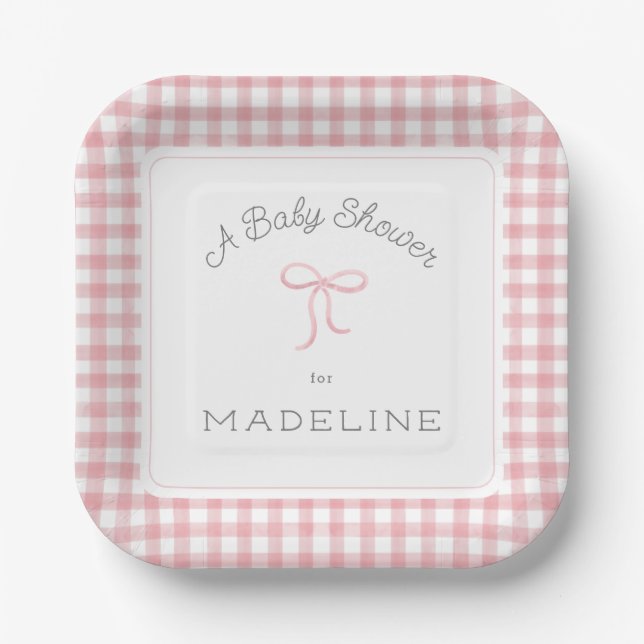 Watercolor Gingham Pink Baby Shower Paper Plates (Front)
