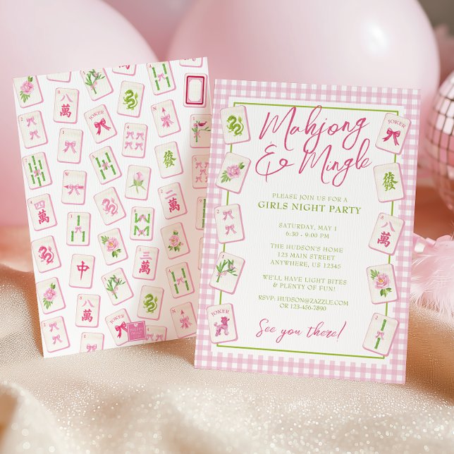 Watercolor Gingham Pink Bow Mahjong Party Invitation (Creator Uploaded)