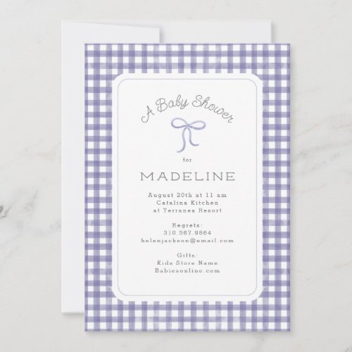 Watercolor Gingham Purple Baby Shower Invitation