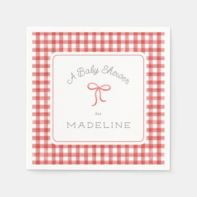 Watercolor Gingham Red Baby Shower Napkins (Front)