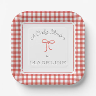 Watercolor Gingham Red Baby Shower Paper Plates